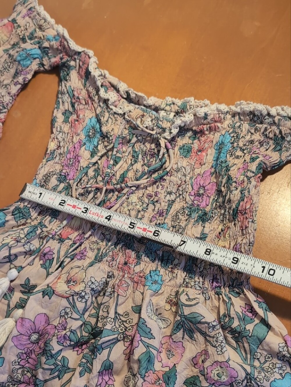 Spell Sayulita Cream Floral Smocked Off-Shoulder Top with Teal & Mauve Flowers - Picture 8 of 9